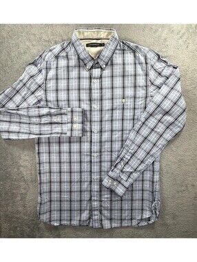 French Connection Men's Long Sleeve Button Up Shirt Blue Plaid Check